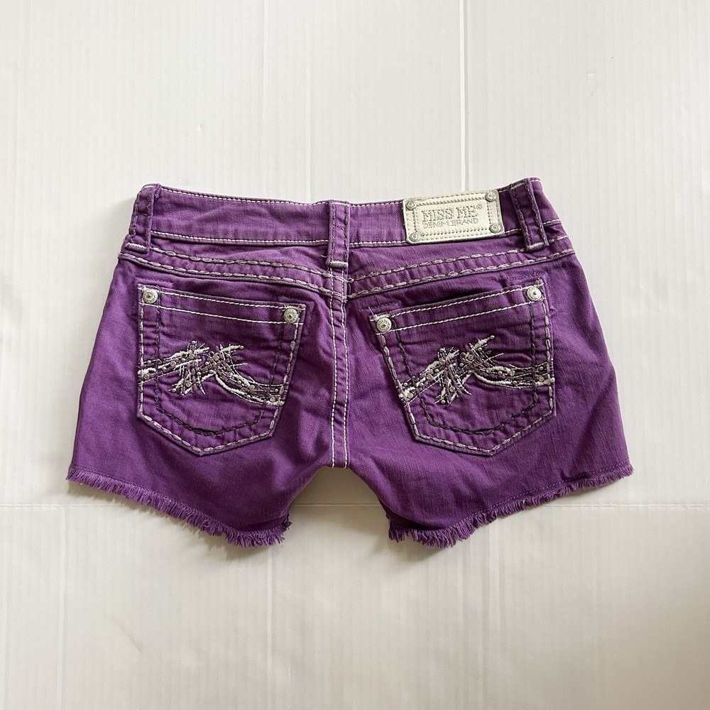 2000s Purple Miss Me Mini Shorts Ultra Low Rise Embroidered Pocket Y2K Mcbling